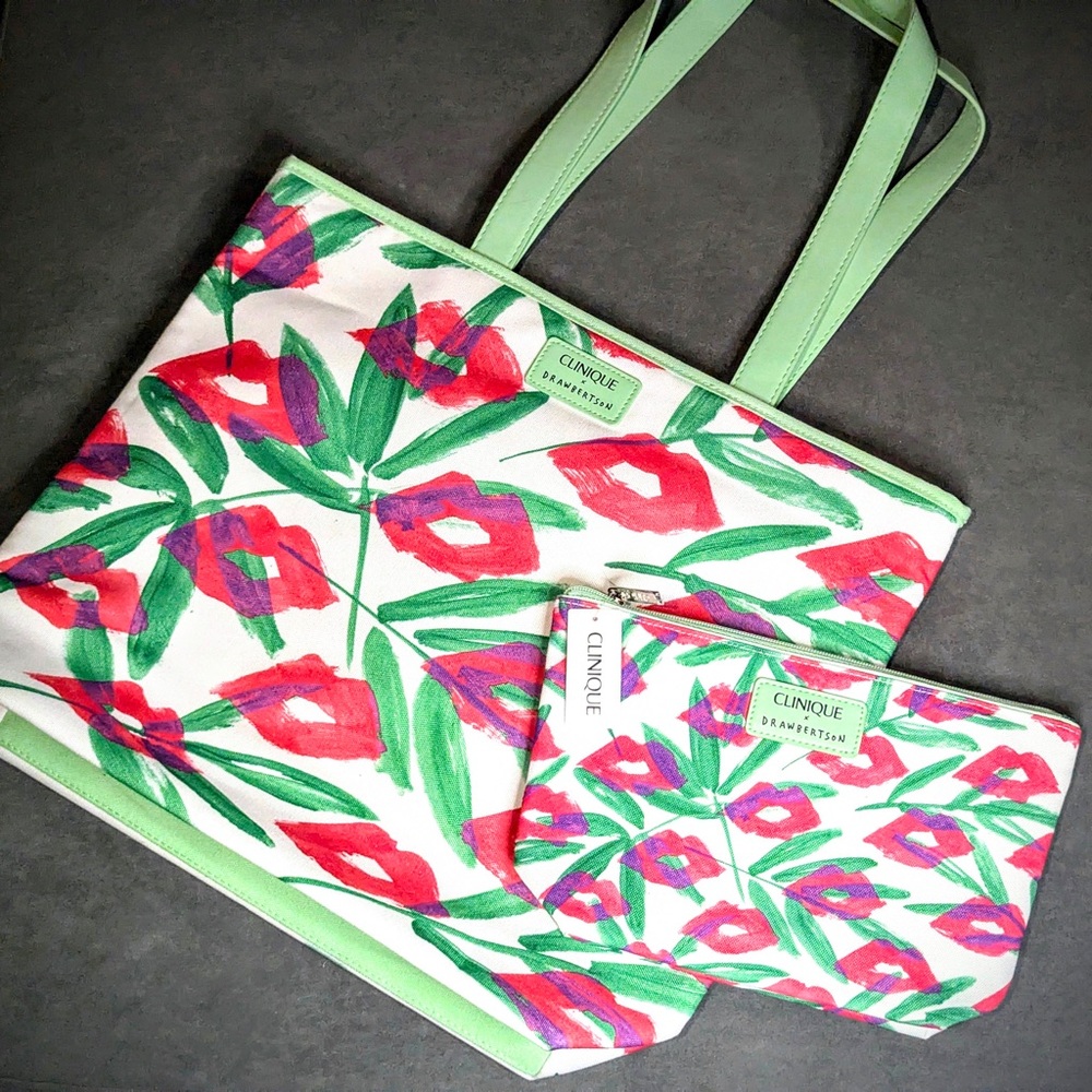 Clinique Green and Red Floral Tote with Pouch